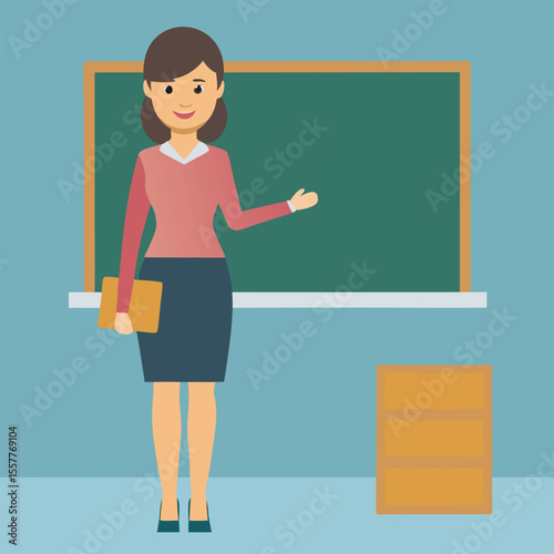 Female Teacher Standing in Front of a Chalkboard in a Classroom Holding a Folder and Gesturing to the Board with a Friendly Smile