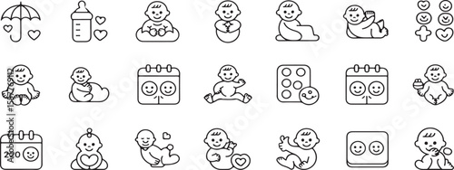 Collection of cute baby icons representing different activities and symbols of childcare