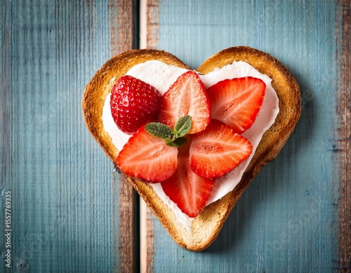 heart shaped strawberry toast with cream cheese on rustic background