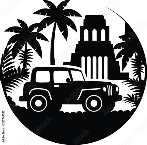 Off road vehicle with palms and temple silhouette vector illustration
