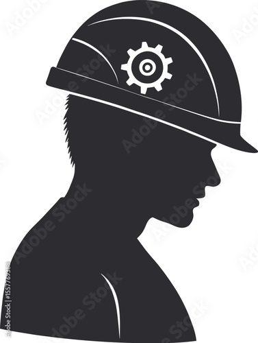 Construction Worker Silhouette:  Black and White Icons, Engineering, Building, Industrial, Safety, Gear, Crane, Cityscape,  Heavy Machinery.