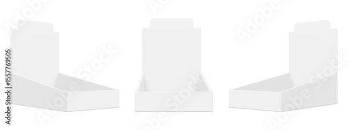 Realistic vector mockup of a blank cardboard display box in three different angles. Empty white packaging tray with backboard for branding, product placement, or retail presentation