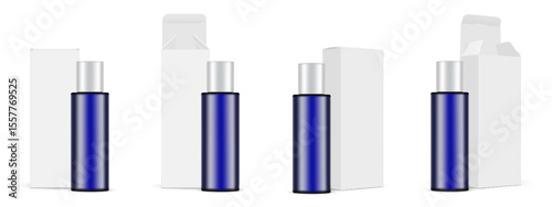 Realistic mockup set of a blue cosmetic bottle with silver cap and blank white packaging box. Multiple views of closed and open box. Vector template for branding, product design or advertising
