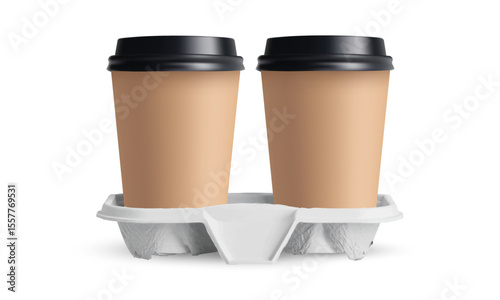Realistic vector illustration of two takeaway coffee cups with black lids in a paper tray holder. Isolated blank disposable cups template for branding, packaging design, and cafe identity mockups