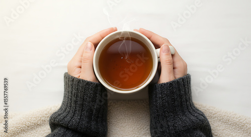 Cozy Winter Morning Warm Hands Holding a Steaming Cup of Tea