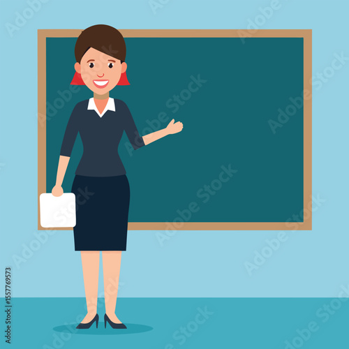 Cartoon Teacher Presenting at Blackboard with Document in Hand Smiling Wearing Skirt and Heels in Front of Blue Wall Vector Illustration