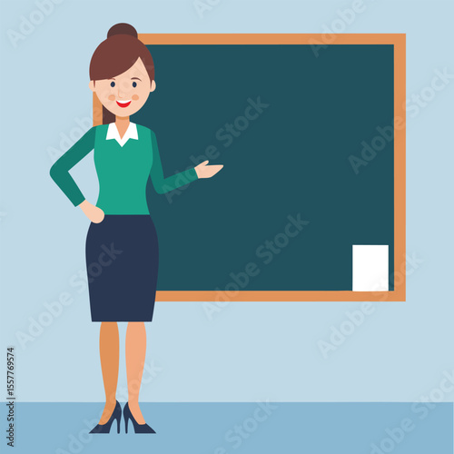 Cartoon Teacher Presenting at the Chalkboard with Space for Text and Graphics in a Flat Vector Illustration Style