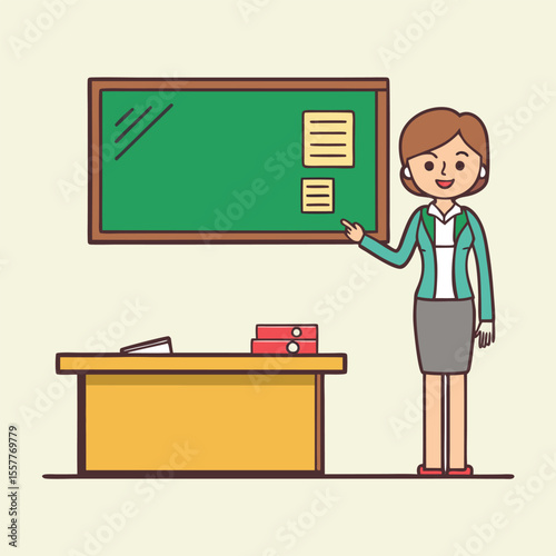 Cartoon Teacher Explaining Lesson at Blackboard in Classroom with Desk and Books Vector Illustration