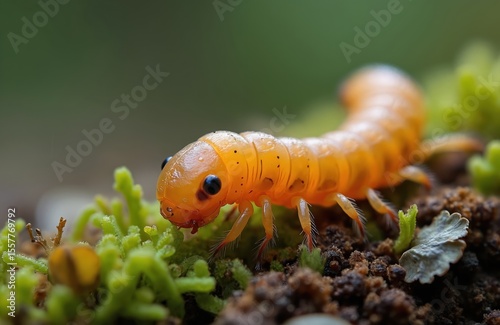 Macro shot of Alaus oculatus larva, wireworm. Orange insect, beetle larvae crawling on moss. Detailed macro shot of pest from Elateridae family, arthropod, nature background.