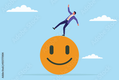 Vector illustration of a businessman struggling to maintain balance while standing on a giant happy icon, symbolizing the challenge of sustaining positivity and customer satisfaction
