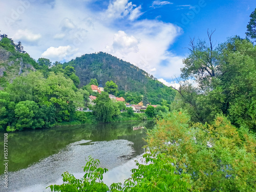 Beautiful views of the spring Berounka river, forest and mountains, Czech.
