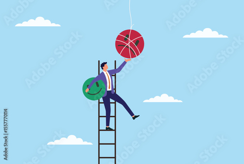 Vector illustration of a businessman climbing a ladder to replace a sad icon with a happy one, representing improved customer feedback, satisfaction, and service enhancement
