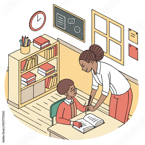 Teacher Assisting Student with Schoolwork in Classroom Setting Promoting Education and Learning with Bookshelf Clock and Blackboard in Background