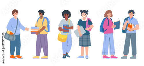 Set of students with books and bags. Smiling school teenage boys and girls, classmates or friends on white background. Education Vector illustration.