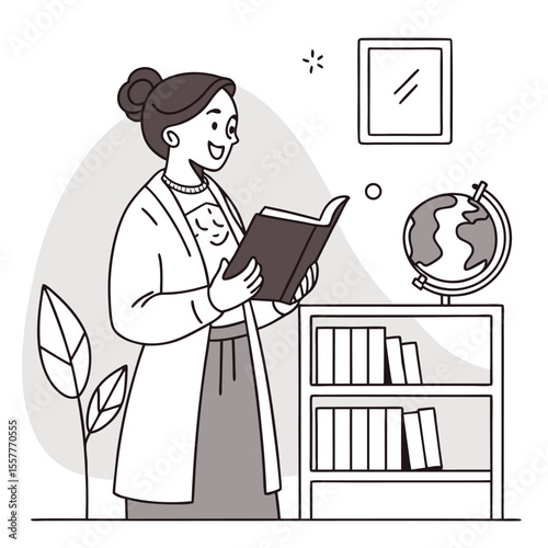 Cartoon Woman Reading a Book by a Bookshelf with a Globe and Plant in a Minimalist Style Illustration