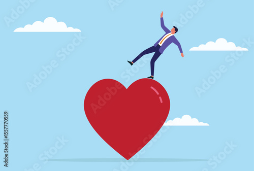 Vector illustration of a businessman struggling to maintain balance while standing on giant hearts, symbolizing the challenge of managing relationships, trust, and emotional connections
