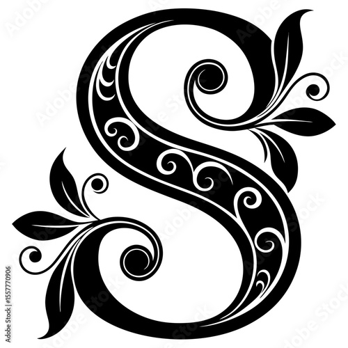 Decorative stylized letter S with floral patterns, isolated vector image on transparent background