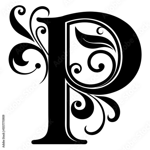 Stylized letter P with decorative elements and strokes, isolated vector image on transparent background