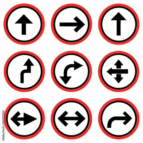 Nine Red-Rimmed Directional Arrows:  Navigation Icons Set