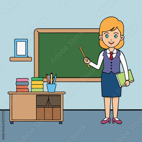 Cartoon Teacher in Classroom with Chalkboard and Desk Holding Pointer and Book Ready to Teach a Lesson to Students