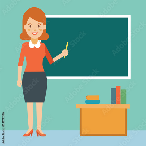 Female Teacher with Chalk in Hand Stands in Front of Blackboard with Books on Desk Education Concept
