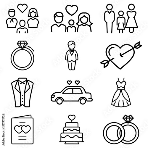 Family icons set wedding love marriage couple