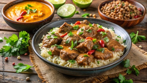 Ugandan katogo matoke with beef and peanut sauce.