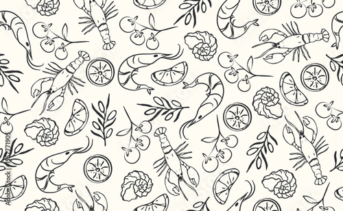 Hand drawn italian food seamless pattern. Chalk crayon sketch dish with olives, tomato, lobster, shrimps, mediterranean seafood, lemon,  italy ingredients for menu. Doodle vector illustration.