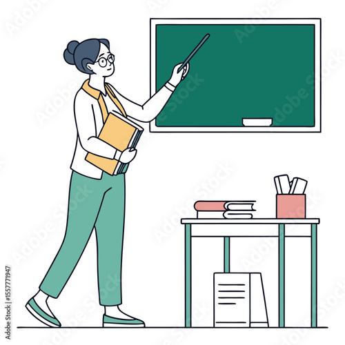 Female Teacher Explaining Lesson on Chalkboard with Pointer and Books in Hand in a Classroom Setting Illustration