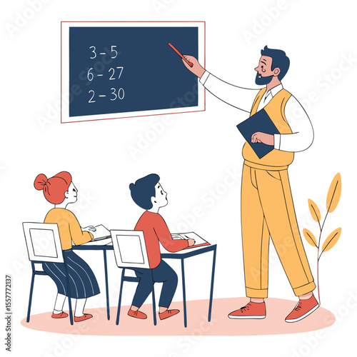 Teacher Explaining Math Problems to Students in Classroom with Blackboard and Desks Illustrating Education and Learning in a School Setting