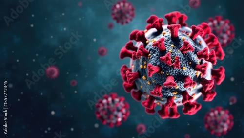 Close-up of coronavirus bacteria model, microvirus on black virus background. Worldwide pandemic and fight against COVID 19 virus. Coronavirus outbreak and coronaviruses influenza concept
