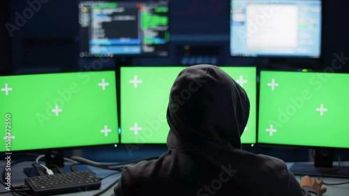 Hooded Hacker in Dark Room with Green Screen Monitors, Cybersecurity Threat Concept in 4K.