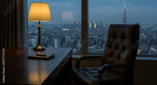 Executive office representing success, business leadership, corporate power, ambition, wealth, and financial management with a city view