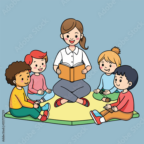 Teacher reading a book to diverse group of children sitting in a circle on a mat cartoon illustration education and learning concept
