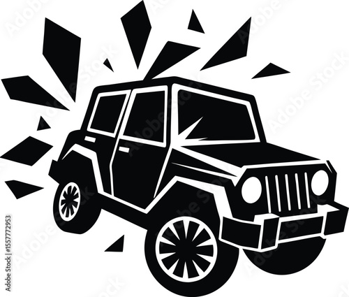 Off road vehicle with debris flying around it silhouette vector illustration