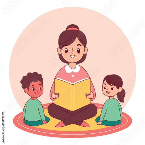 Teacher Reading to Children Illustration on a Rug in a Classroom or Home Setting with a Neutral Background