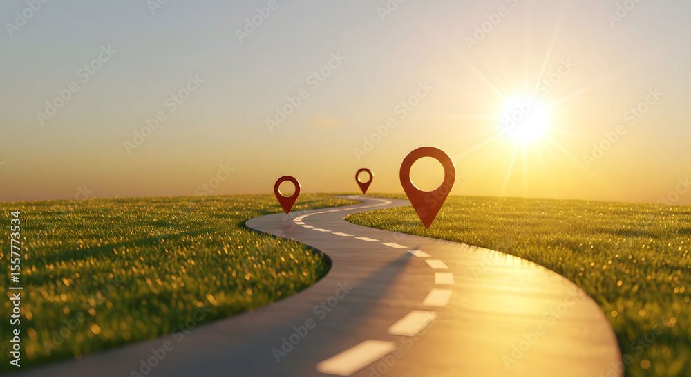 Naklejka premium Journey roadmap future goal strategy success vision milestone progress path way road direction business career adventure landscape sun light nature