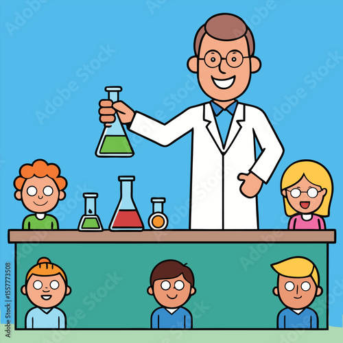 Cartoon Scientist Teaching Students in a Laboratory with Colorful Beakers and Flasks in a Fun and Educational Setting