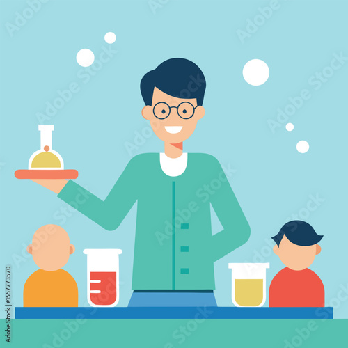 Scientist Teaching Students Chemistry with Beakers and Flasks Flat Vector Illustration for Educational Material and Science Concepts in a Bright and Colorful Design
