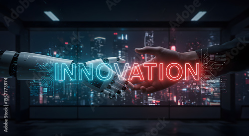 Innovation partnership technology future business deal collaboration ai agreement handshake trust success progress development city skyline robot human hand concept