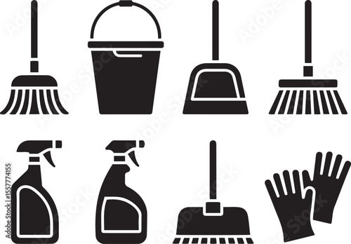 Set of House Cleaning Tools and Equipment Silhouettes