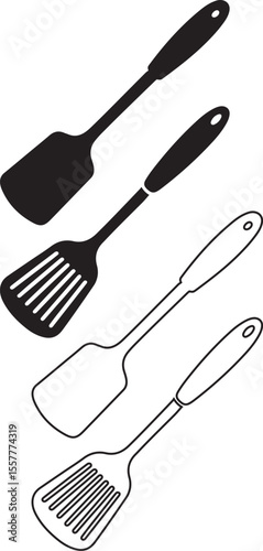 Collection of various black and white kitchen spatulas 