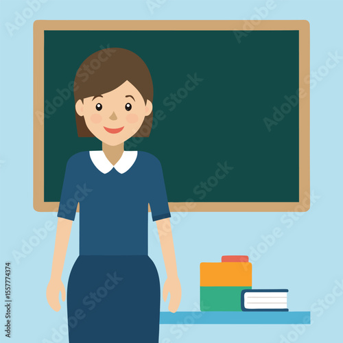 Illustration of a Smiling Female Teacher Standing in Front of a Chalkboard with Books on a Table in a Classroom Setting