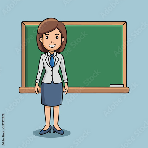 Cartoon Teacher Standing in Front of a Chalkboard Ready to Teach a Lesson with a Chalk and a Light Blue Background