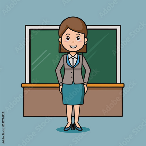 Cartoon Teacher Standing in Front of a Chalkboard Ready to Teach and Educate Students in a Classroom Setting with a Light Blue Background