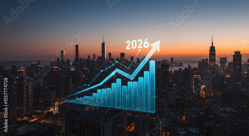 Economic growth forecast for the year 2026 shown with a progress chart and data visualization over a city skyline at night