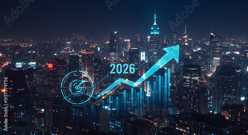 Economic growth forecast for the year 2026 shown with a progress chart and data visualization over a city skyline at night