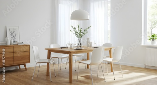 A dinning room table and chairs in front of a window isolated on white background.