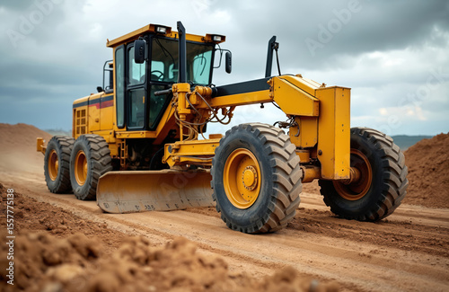 Yellow grader industrial machine, road construction site. Heavy equipment performs ground work, asphalt repair, earthmoving. Construction industry, engineering technology. Heavy machinery, earthmover