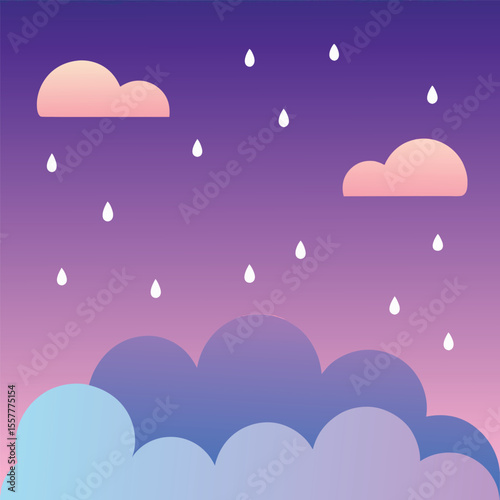 Illustration of rainy night sky with pink clouds and falling raindrops in a dreamy illustration